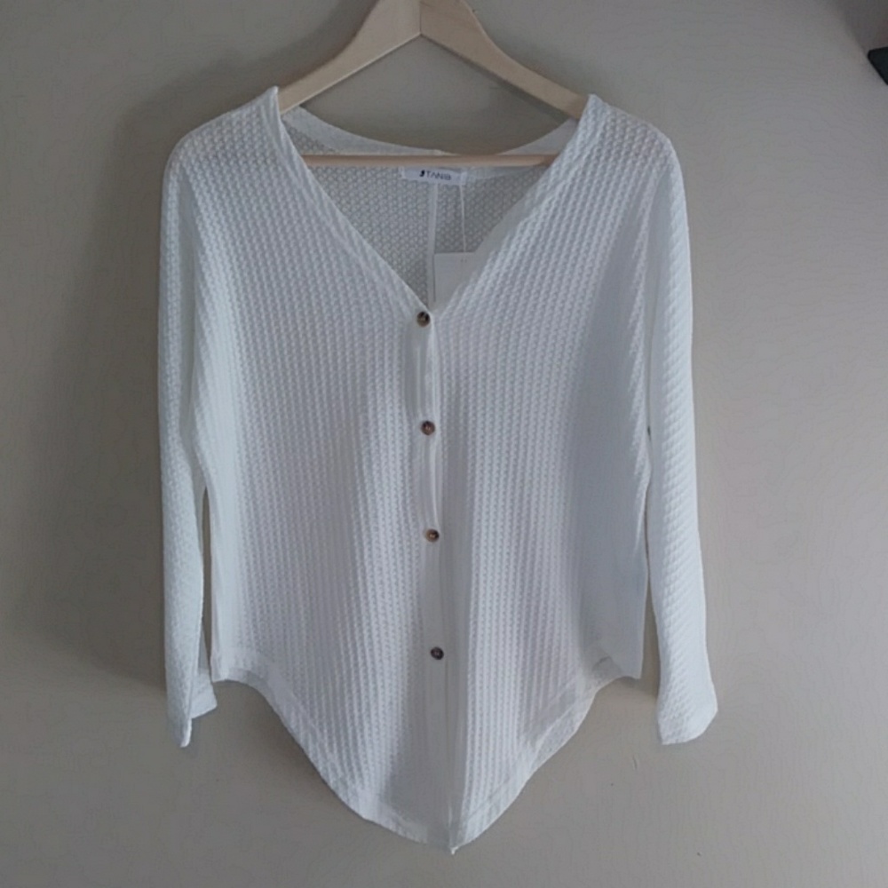 {J Tanib}NWT White Long Slv Waffle Tie Front Shirt